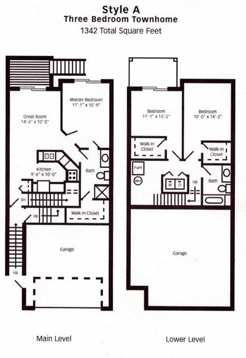 Floor plan for 3 beds, 2 baths, 1342 sqft